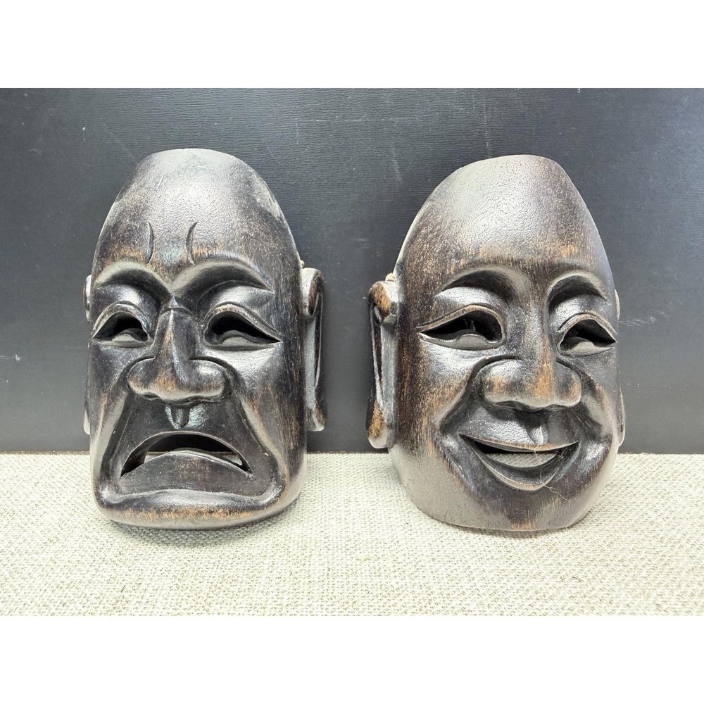 Vintage Wooden Theater Masks Comedy Tragedy Asian Wall Decor